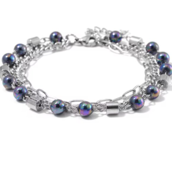 Peacock Color Shell Pearl 3 Row Bracelet in Stainless Steel (7.5-9.0In) - Picture 1 of 3